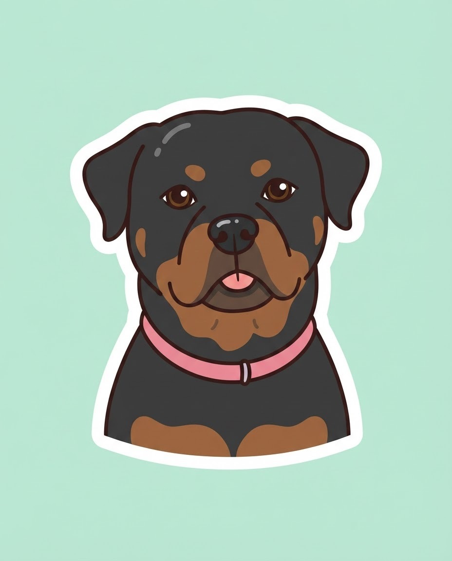 Big Sticker style render of a rottweiler named Boofa, white die-cut border