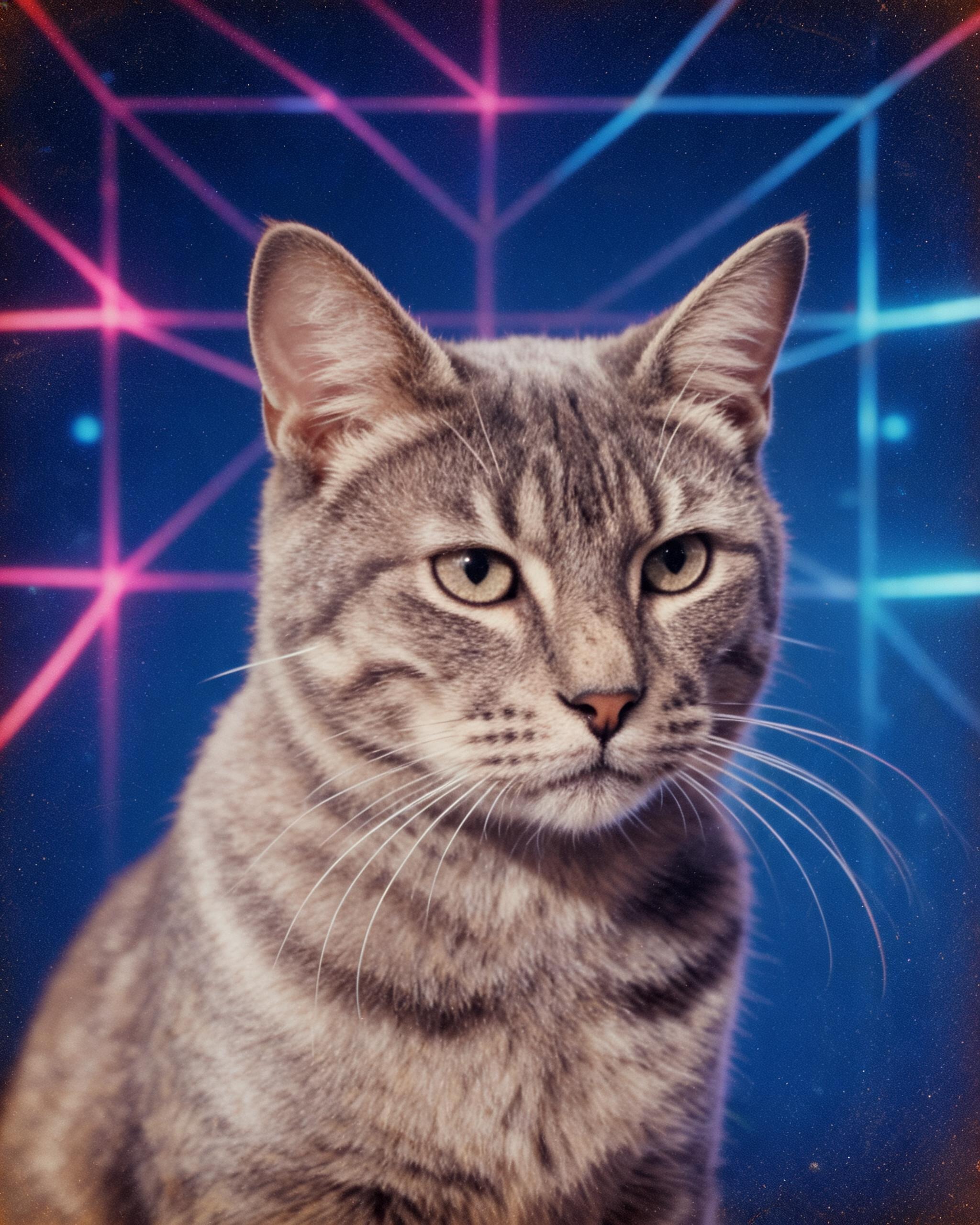 Laser Portrait render of the same cat, magenta lasers on a blue backdrop